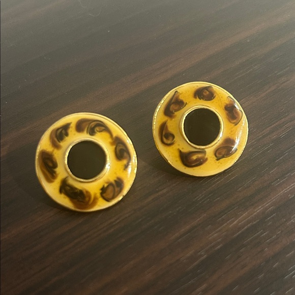 Vintage Yellow and Brown Circular Earrings - Picture 3 of 4